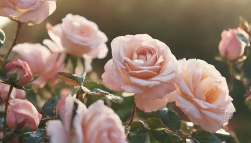 在柔和的晨光下，精緻、沾滿露珠的法國玫瑰的詳細特寫。