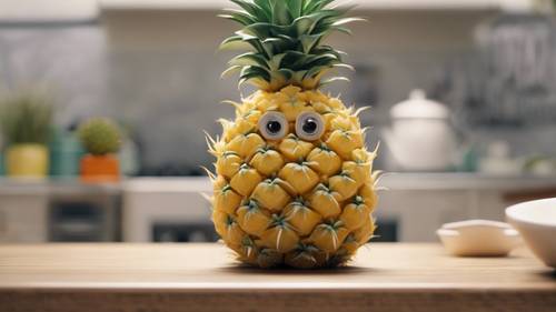 A baby pineapple with a cute face sitting on a kitchen table.