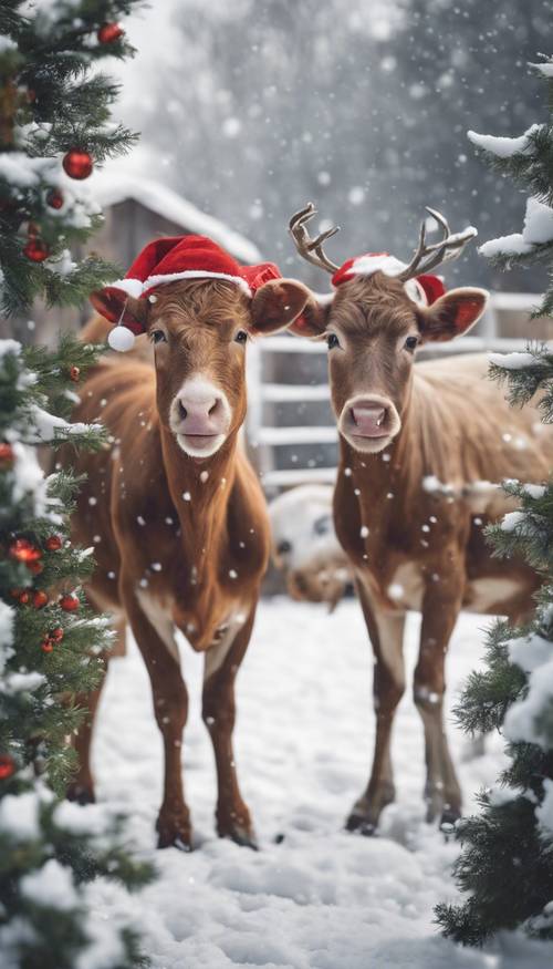 A charming Christmas scene of farm animals in a snow-covered barnyard with mistletoe and Christmas hats.