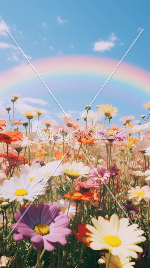 Cielo arcoiris y flores.