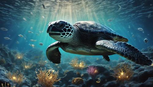 这是一幅令人毛骨悚然的画作，画中有一只棱皮海龟，在黑暗的深海中闪闪发光，周围环绕着闪烁的生物发光生物。