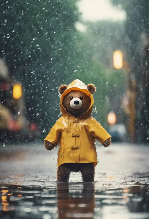 Kawaii bear in a raincoat, happily jumping over puddles under the rainy day.