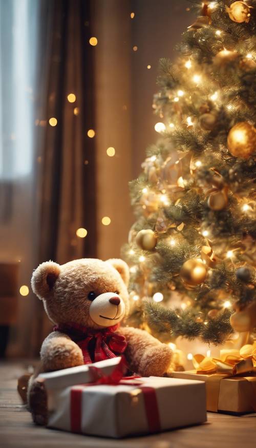 A cute teddy bear opening a gift box in a warm room with a glowing New Year tree.