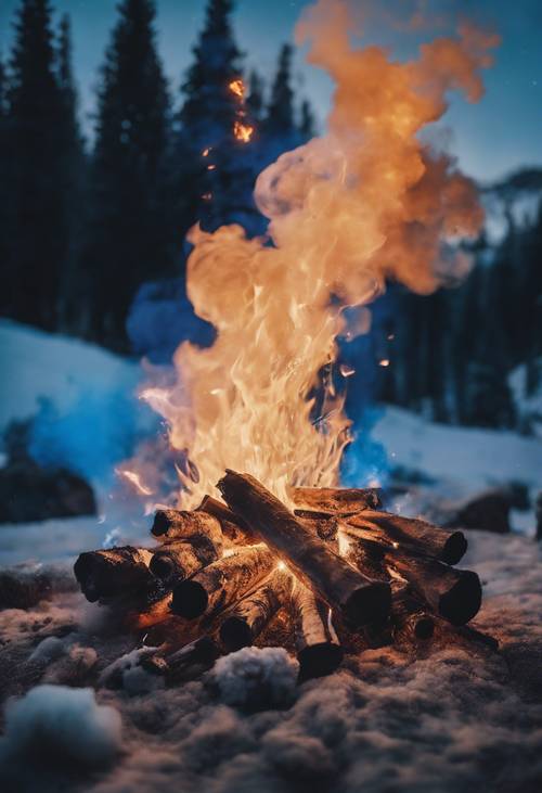 A campfire in the wilderness with plumes of blue smoke reaching the starry sky.