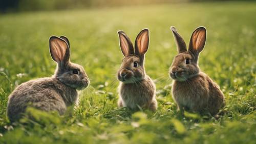 Eine Gruppe Kaninchen in verschiedenen Farben sonnt sich auf einer üppigen, grünen Wiese.
