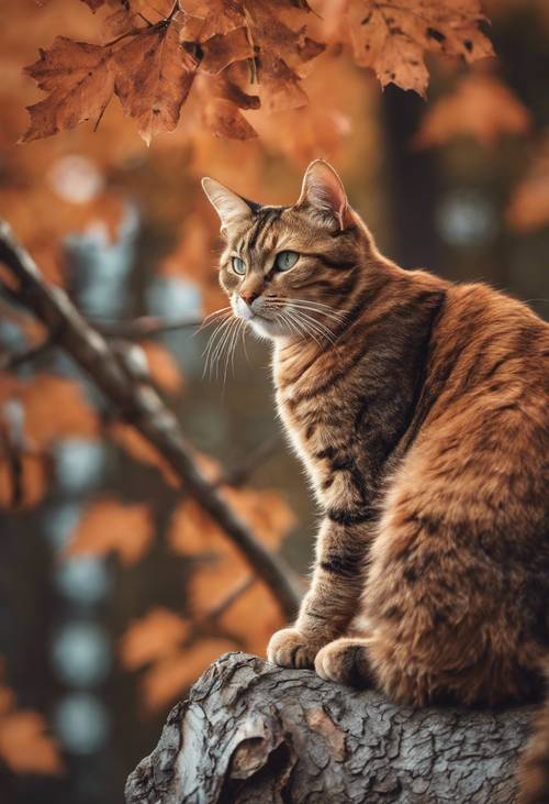 Kot rasy Auburn Maine Coon siedzący na gałęzi drzewa i wpatrujący się w ogniste jesienne liście.