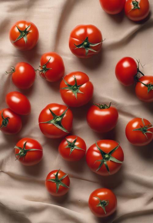 Vista dall&#39;alto di pomodori rossi ordinatamente disposti su uno sfondo di stoffa beige.