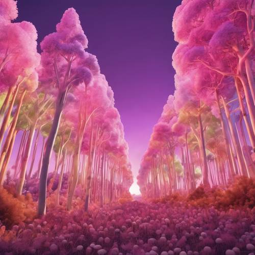 A vivid forest of lollipop trees in swiring pastel colors under a glowing purple sky. Tapet [d9635971c533451183e1]