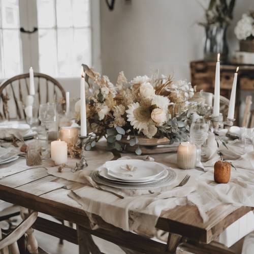 A modern farmhouse-themed Thanksgiving with antique wooden table, whitewashed chairs, and a mono-colored floral centerpiece.