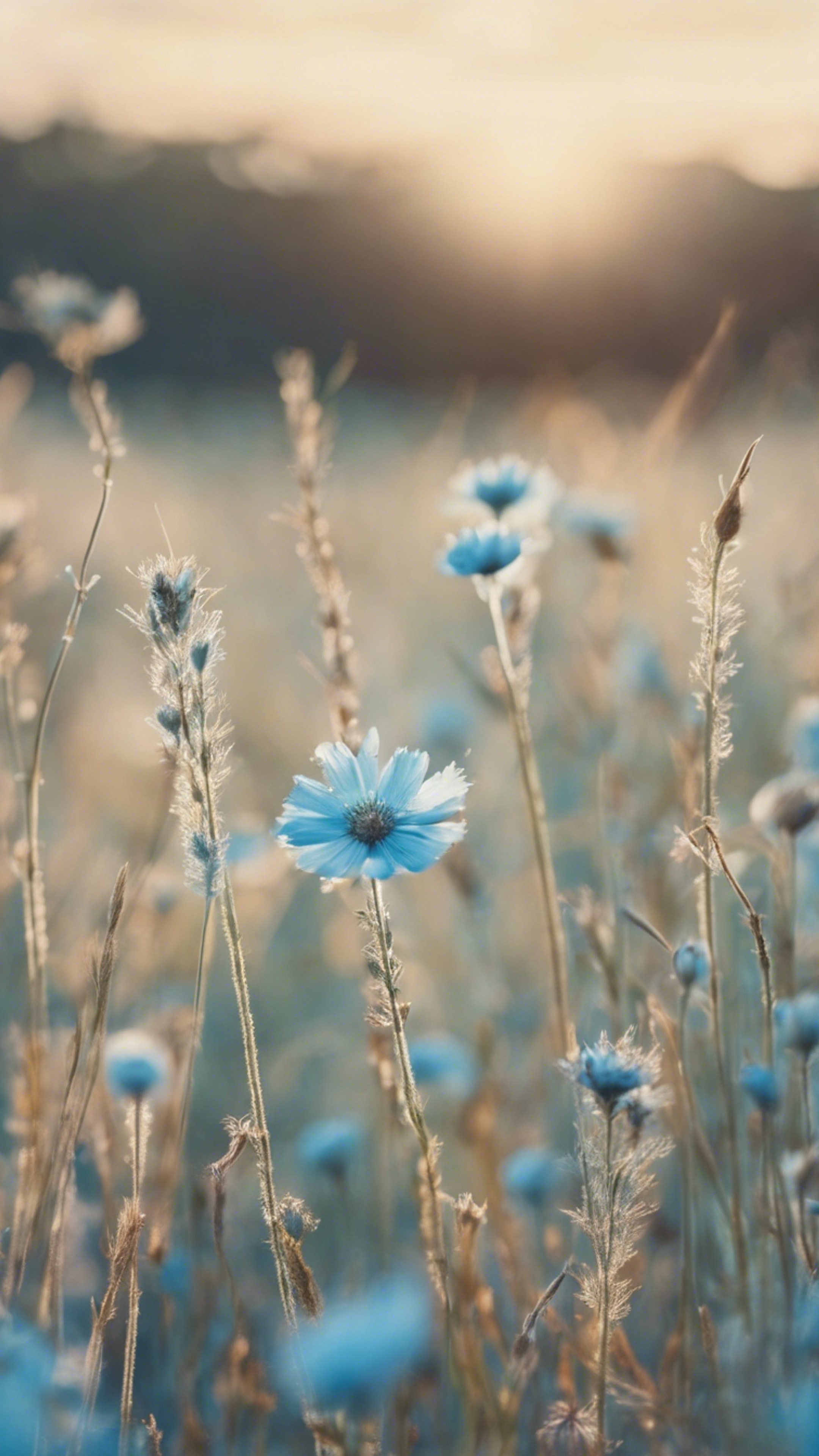 A peaceful pastel blue meadow under a clear sky. Behang[237c4d0b569745d38be8]