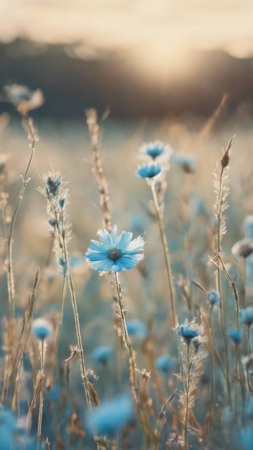 A peaceful pastel blue meadow under a clear sky.