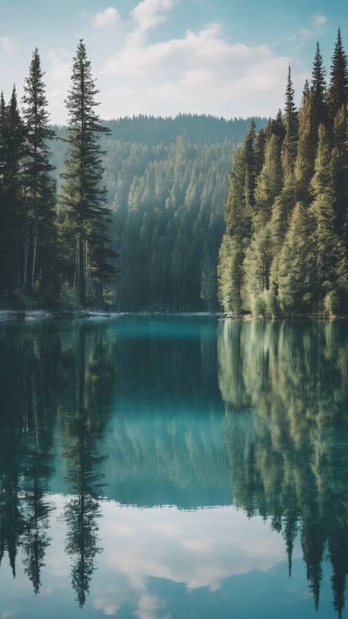 Um sereno lago azul pastel refletindo árvores coníferas altas e verdejantes.