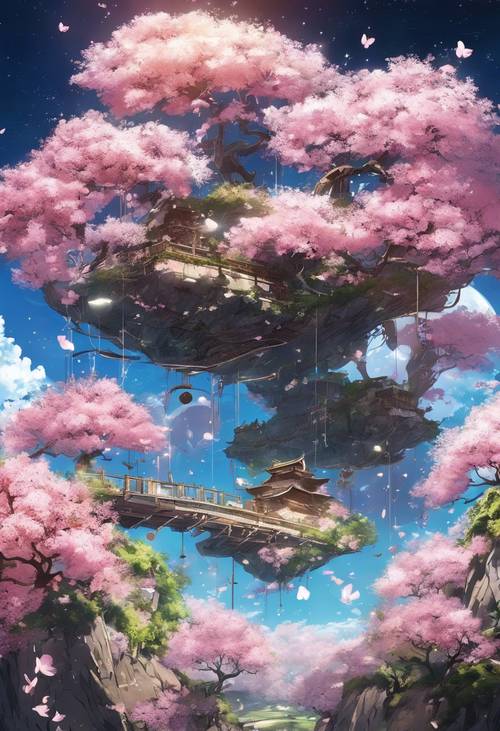 Pływająca wyspa w stylu anime wypełniona drzewami wiśni unoszącymi się w przestrzeni.