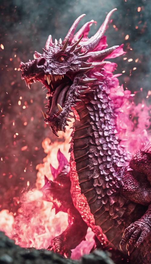 Dragon belching plumes of pink fire in a battle against knights.