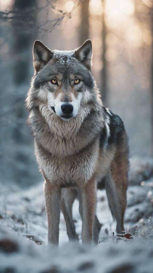 Cảnh rừng vào một buổi sáng lạnh giá, có sương giá với một con sói, hơi thở của nó tạo thành những luồng hơi trong không khí băng giá, xuất hiện như một vị thần hộ mệnh.