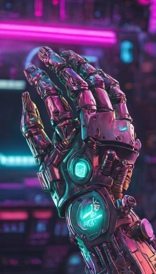 A close-up on a cyberpunk-style robotic hand, holding a neon glowing token.