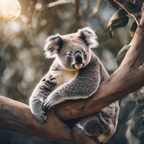 A dreamy portrait of a koala sleeping blissfully on a tree branch, with the moon casting an ethereal glow around it.