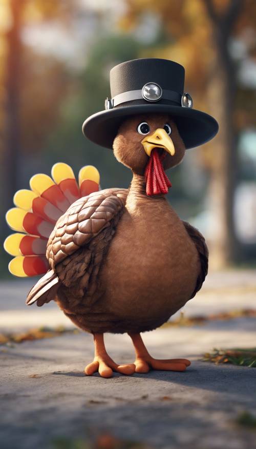 A super cute turkey wearing a pilgrim's hat in a kawaii art style