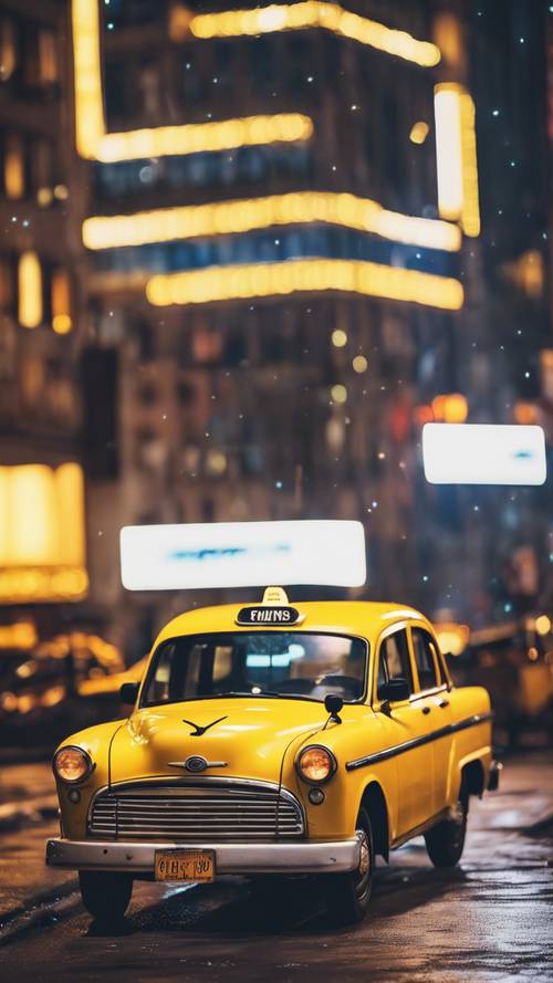 A vintage yellow taxi parked under the bright city lights.