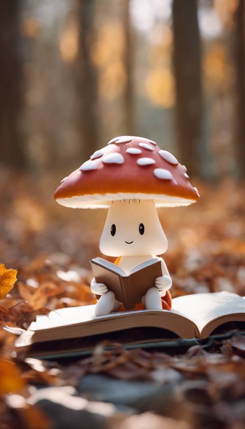 An image of a kawaii mushroom character happily reading a book on a cool autumn afternoon.