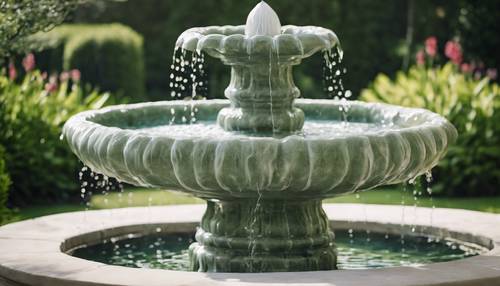 Una fuente construida con mármol verde salvia que libera agua suavemente ondulante, ubicada en un sereno jardín.