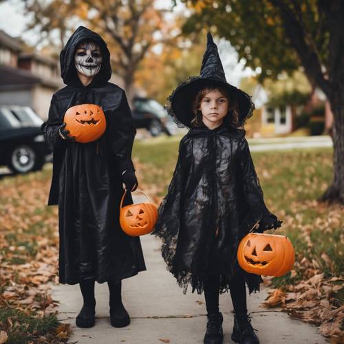 Kids dressed in spooky Halloween costumes trick-or-treating in a suburban neighborhood.