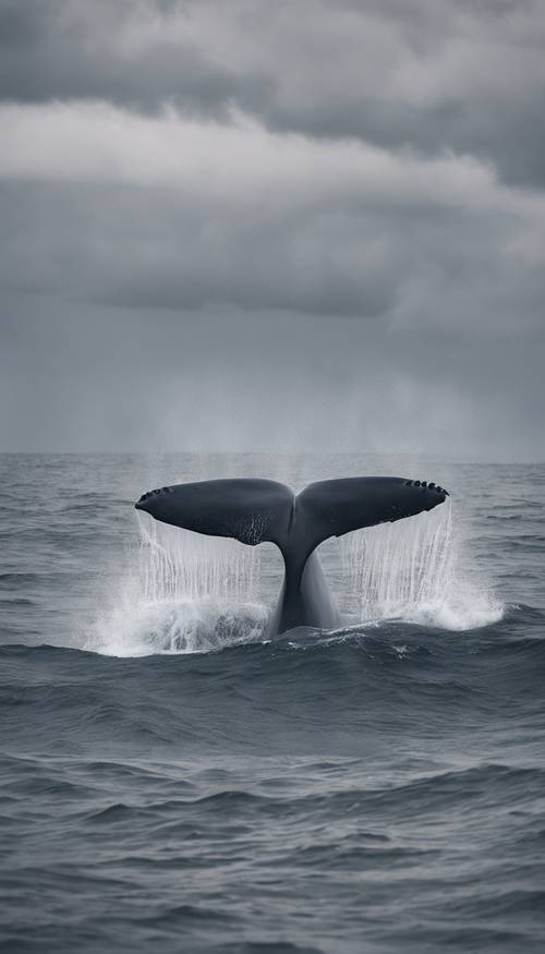 Seekor paus biru laut berenang di laut kelabu dan penuh badai.