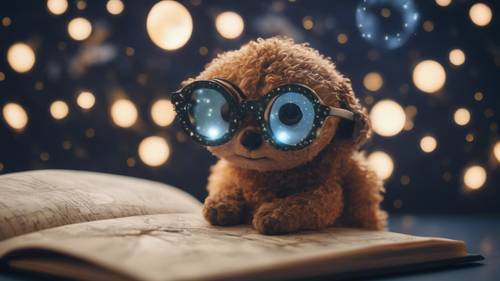 A cute illustrative moon wearing reading glasses and perusing a star map.
