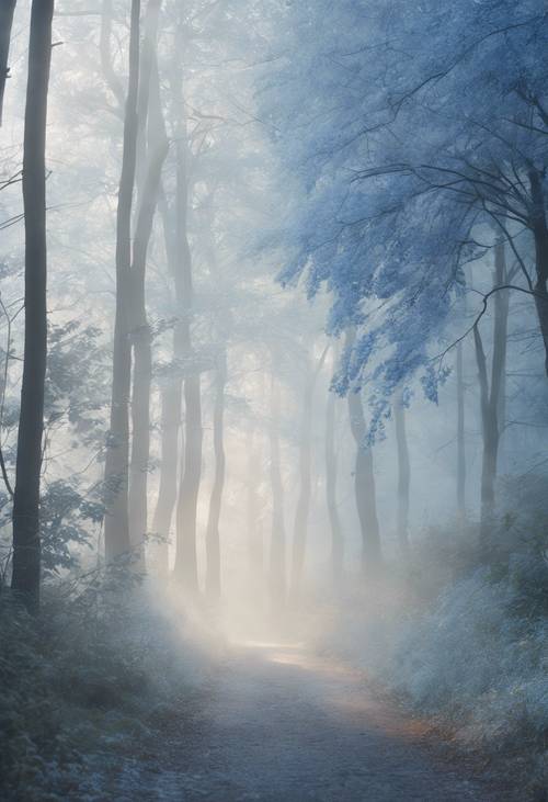 Hazy impressions of a misty morning, painted with blue and white watercolors in a timeless motif