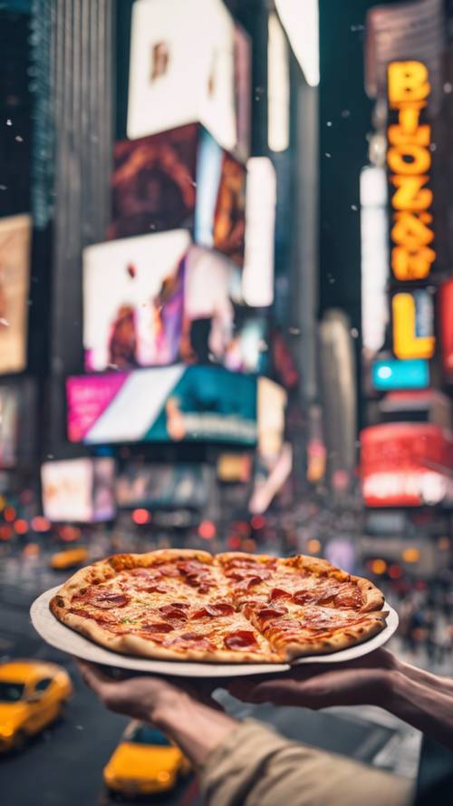 An image of the iconic cheesy, foldable New York-style pizza being held against the backdrop of Times Square.