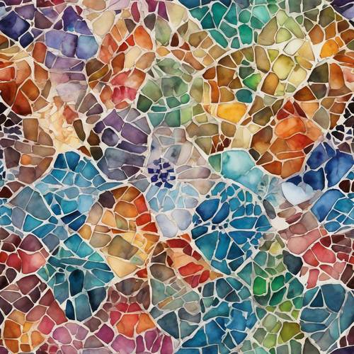 Сложный акварельный мозаичный узор, наполненный яркими и контрастными цветами.