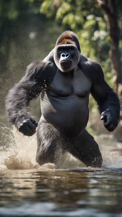 A silverback gorilla heroically fighting off a crocodile to protect his family near a river.