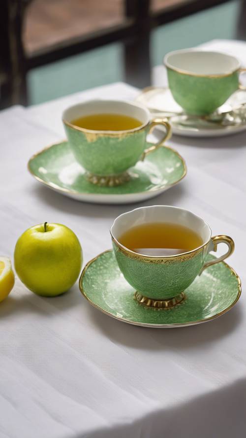 Two teacups, one apple green and one lemon yellow, on a table with a white tablecloth.