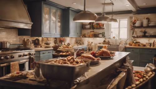 An inviting kitchen bustling with laughter, love, and the delicious smell of Thanksgiving delicacies.