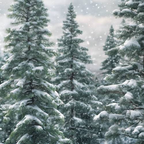 Delicate painting of pine green pine trees covered in snow.