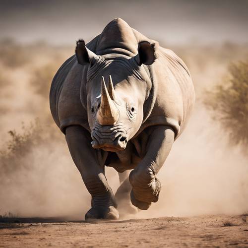 A rhino charging powerfully across the dusty plains, showing dominance.