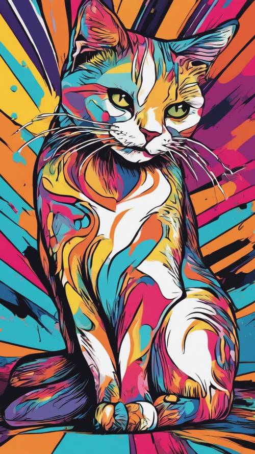 Wielokolorowe pop-artowe przedstawienie kota podczas pielęgnacji, z odważnymi liniami i jasnymi kolorami.