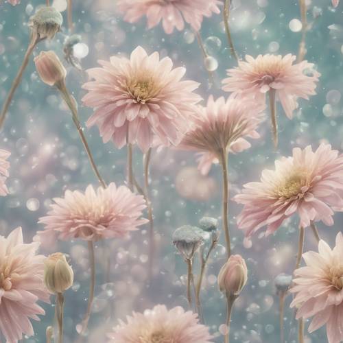 Flores nebulosas em tons pastéis flutuando em um padrão uniforme. Papel de parede [9e688d498e7a4991ba66]