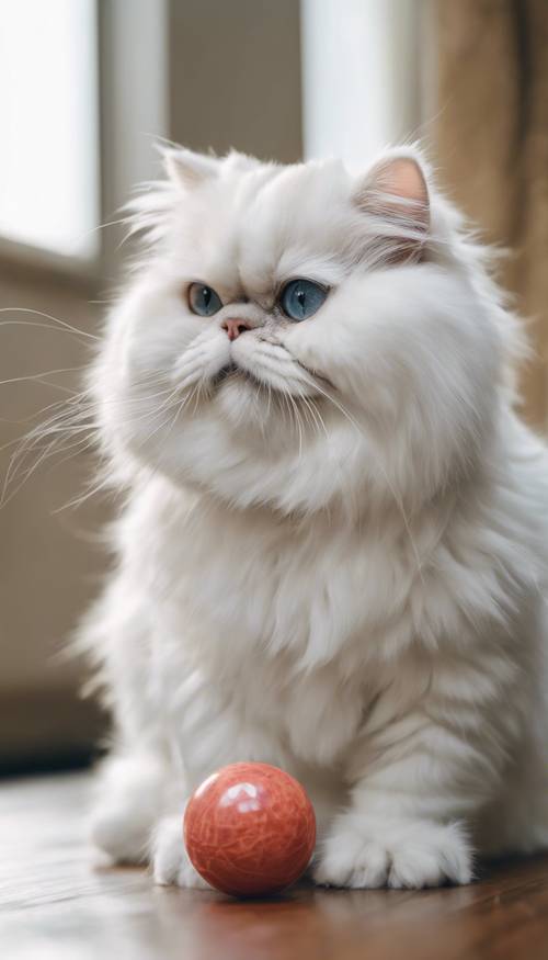 An impish expression on the face of an adult white Persian cat with its paw playfully attempting to capture a bouncing ball. Tapet [b36b7b786f074736bcfd]