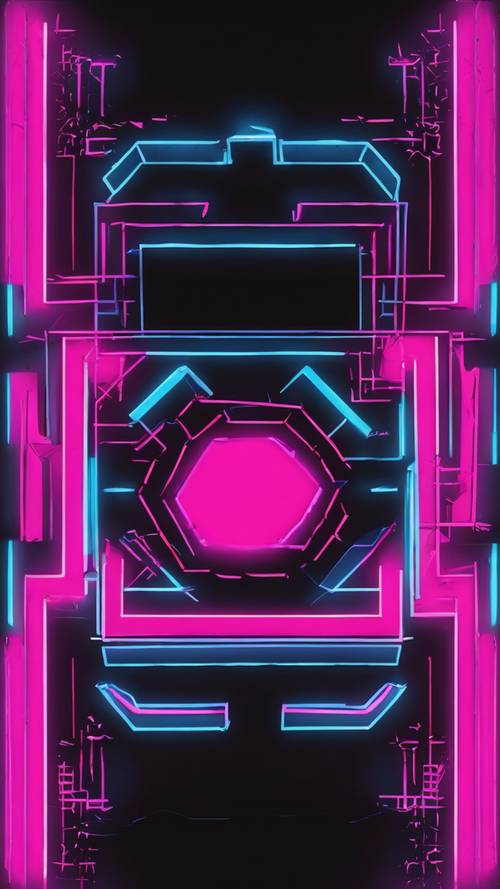 Siyah bir arka plan üzerinde parlak neon pembe ve mavi geometrik şekiller, 80&#39;lerin atari oyunlarını anımsatıyor.