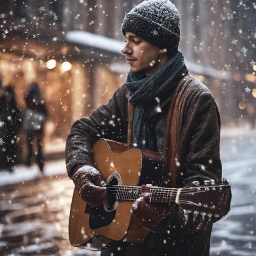 A street musician playing his guitar as snowflakes fall around.