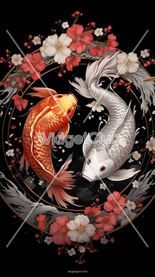 Lingkaran Ikan Koi Emas dan Perak dengan Bunga Sakura