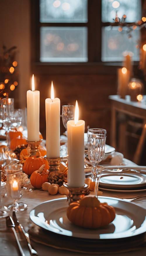 Orange and white candles illuminating a handcrafted centerpiece on a Thanksgiving dinner table. Wallpaper [023a9c9ea5ea432ba40e]