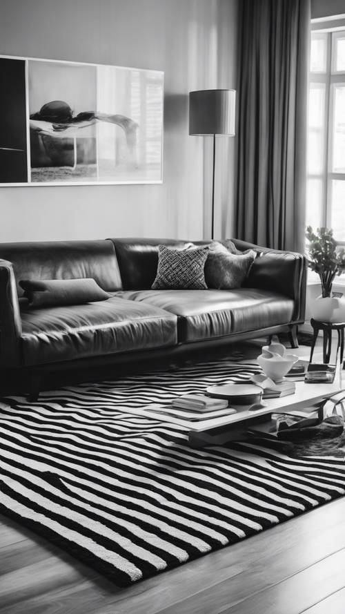 A modern living room featuring a chic striped rug in black and white.