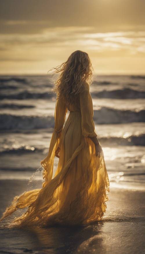 A lady standing on a beach with her wavy hair cascading down, transitioning from dark yellow to light yellow in an ombre effect.