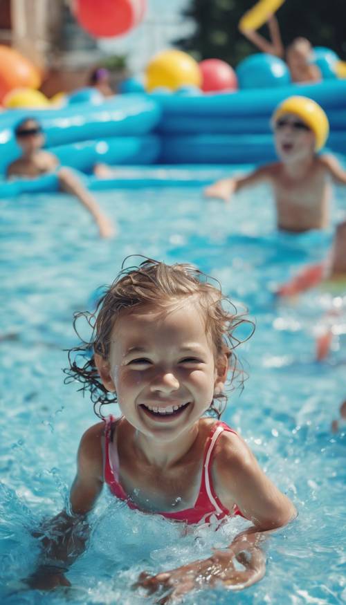 在炎熱的夏日，孩子們在清涼的藍色泳池裡歡快地戲水，周圍有色彩繽紛的泳池漂浮物。