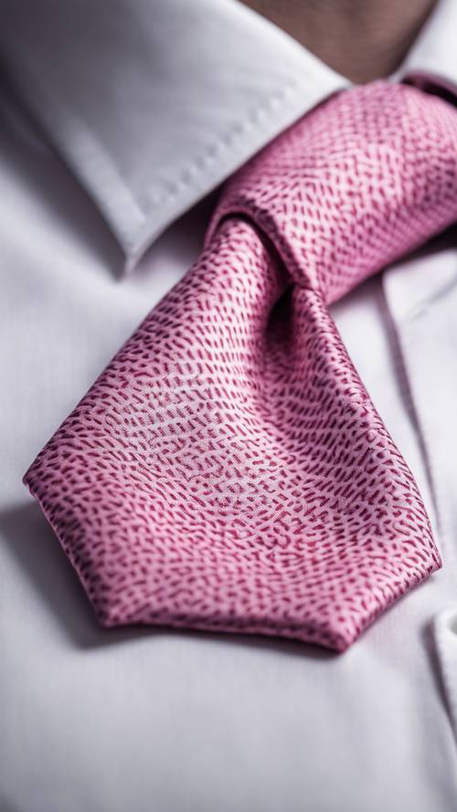 Dasi sutra bermotif merah muda di atas kemeja putih bersih yang diberi kanji, mewakili gaya preppy.