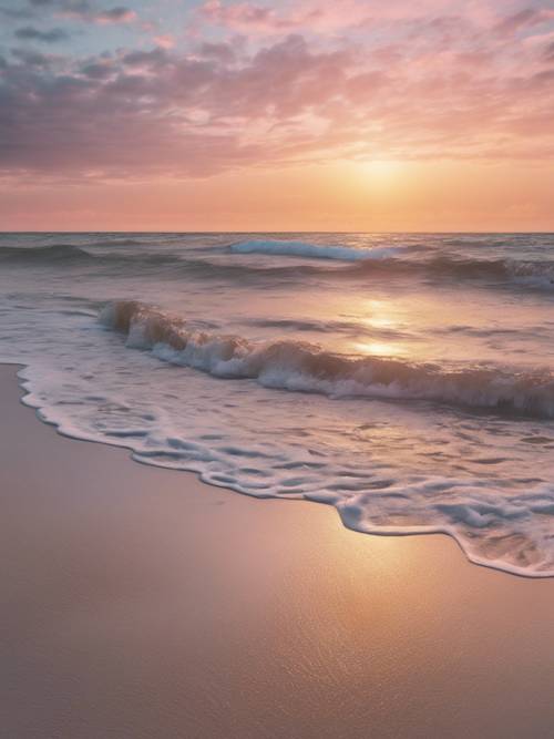 Um deslumbrante pôr do sol em tons pastéis sobre uma praia tranquila e deserta.