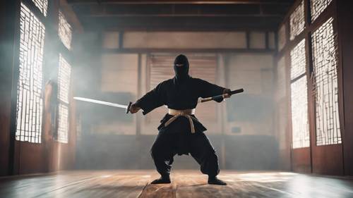 Um ninja experiente exibindo habilidades supremas com espada em um dojo de artes marciais.