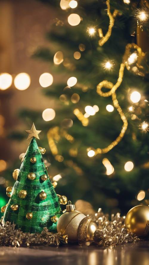 Una escena navideña caprichosa con un árbol de Navidad a cuadros de color verde brillante y adornos dorados.